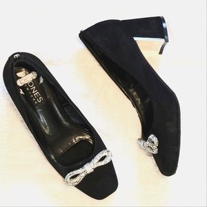 Jones New York Black Suede Like Tapered Square Toe Silver Bow Mirror Heel Sz 7